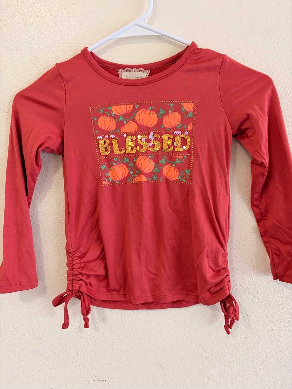 btween Red Long-Sleeve 'Blessed' Pumpkin Graphic Tee with Side Ties